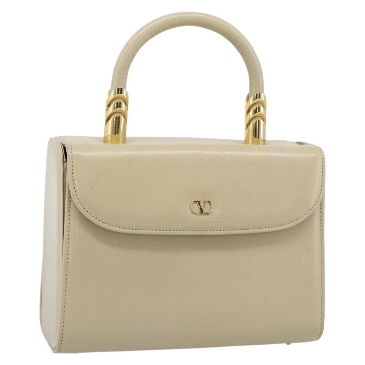 VALENTINO Hand Bag Leather Beige Gold Auth 188391