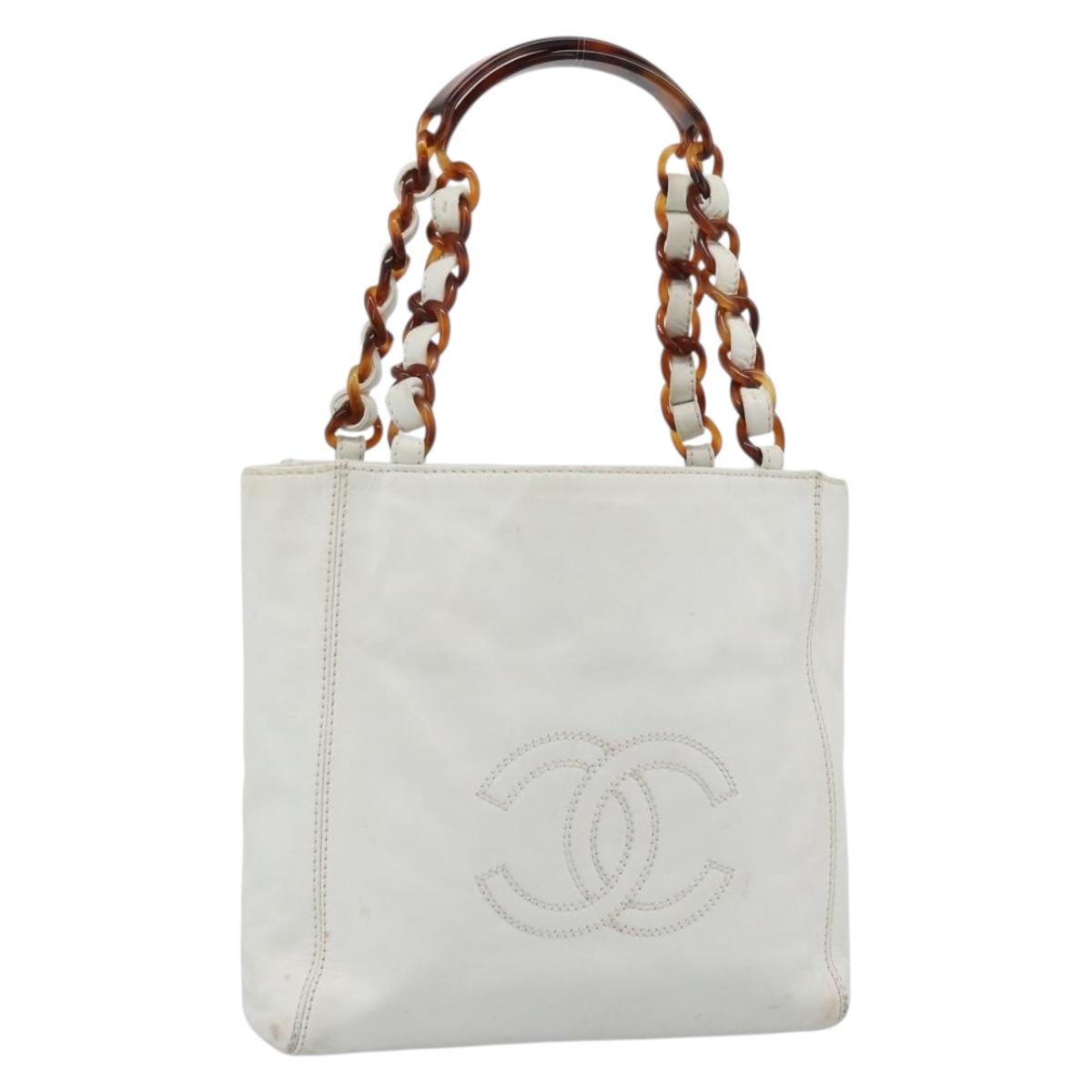 CHANEL Chain Hand Bag Leather White CC Auth 188392A
