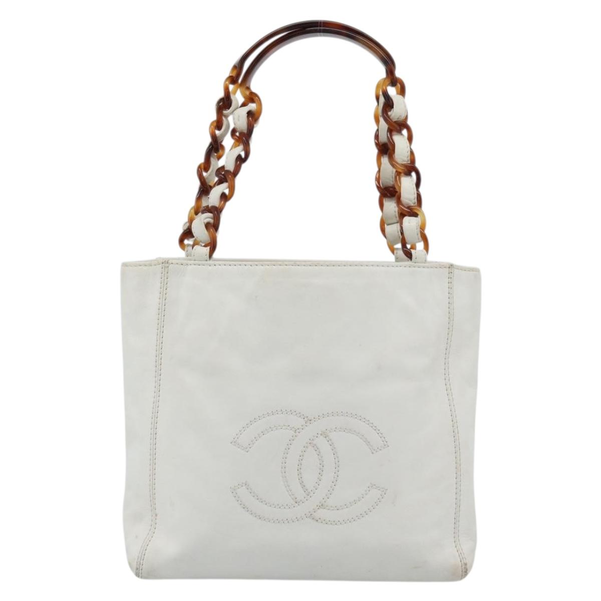 CHANEL Chain Hand Bag Leather White CC Auth 188392A