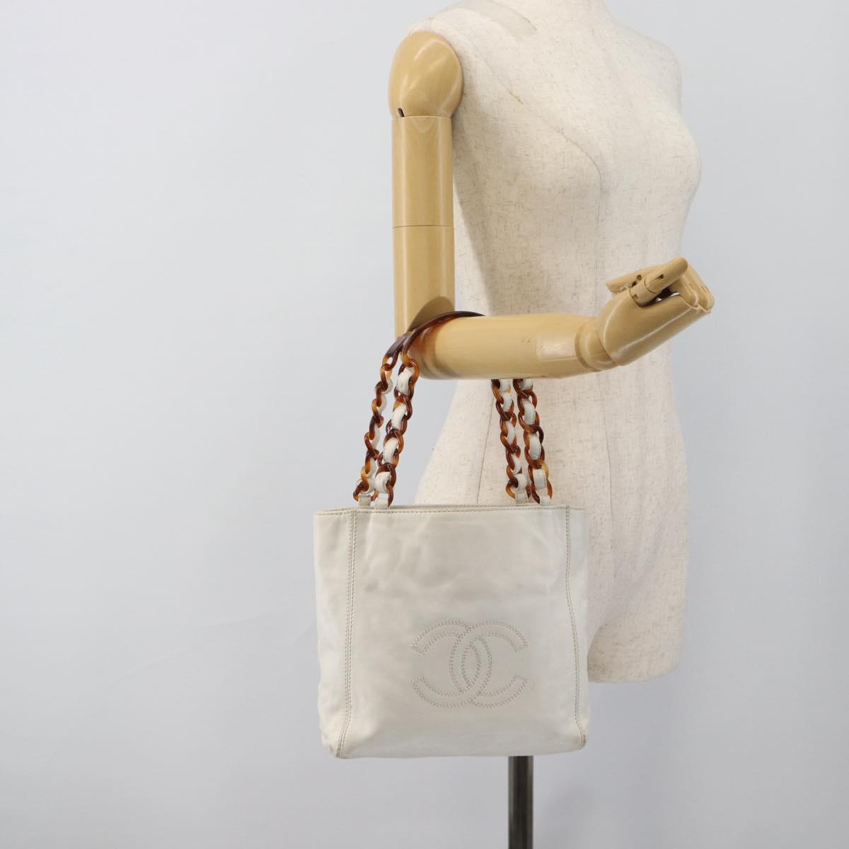 CHANEL Chain Hand Bag Leather White CC Auth 188392A