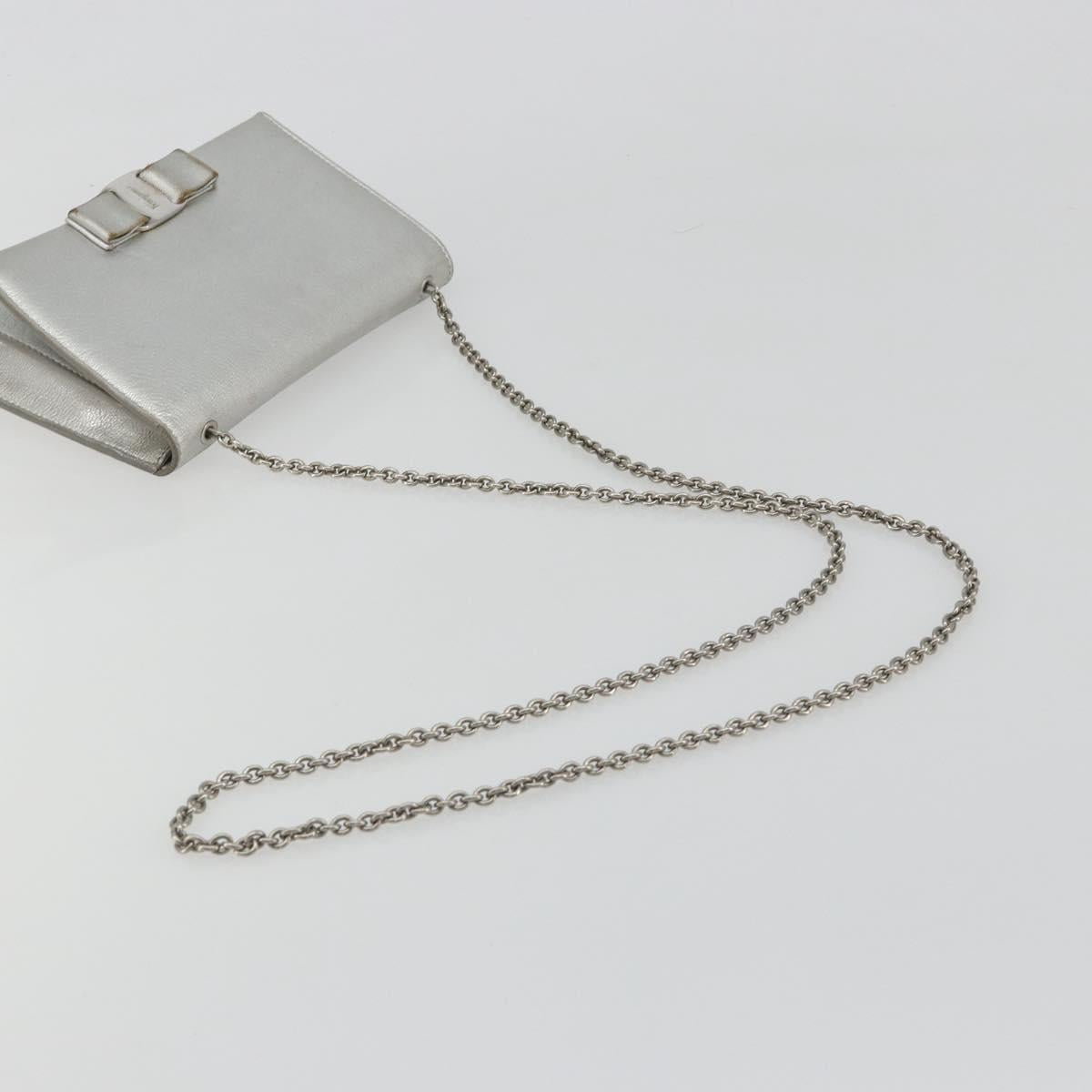 Salvatore Ferragamo Vara Ribbon Chain Shoulder Bag Leather Silver Auth 188398