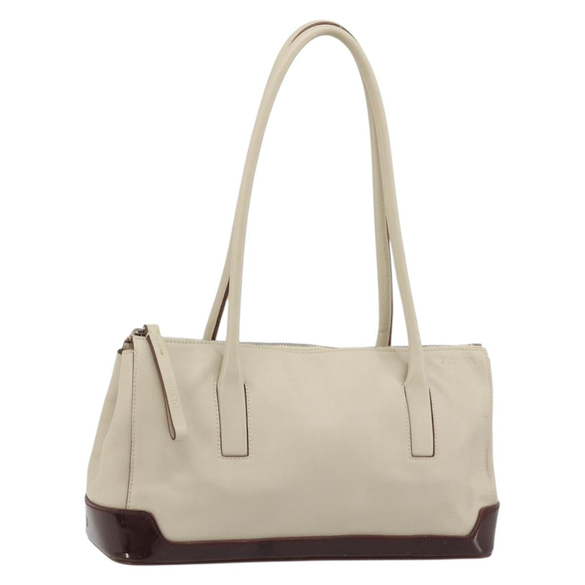 PRADA Tote Bag Leather Beige Silver Auth 188408A