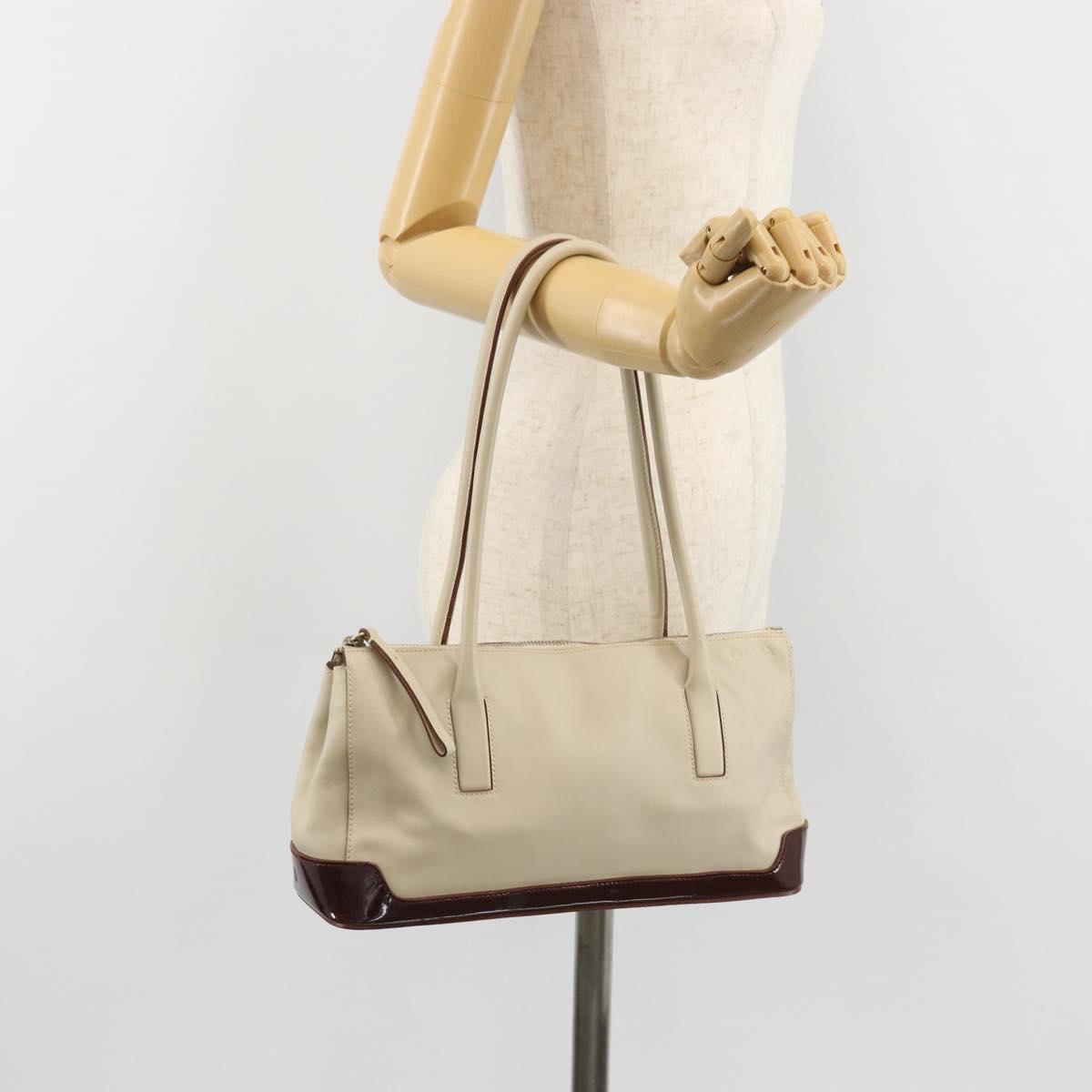 PRADA Tote Bag Leather Beige Silver Auth 188408A