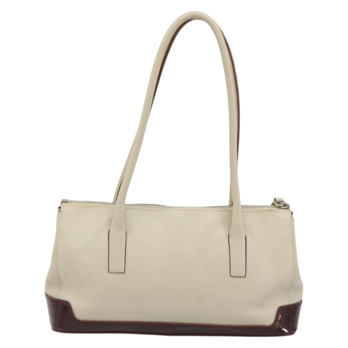 PRADA Tote Bag Leather Beige Silver Auth 188408A