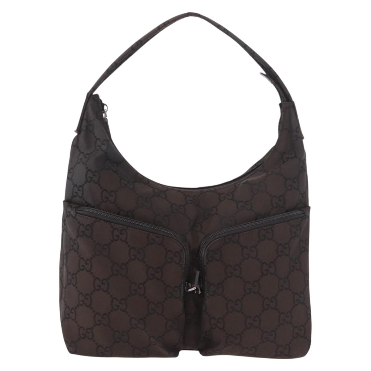 GUCCI GG Canvas Shoulder Bag Nylon Dark Brown Silver Auth 188409