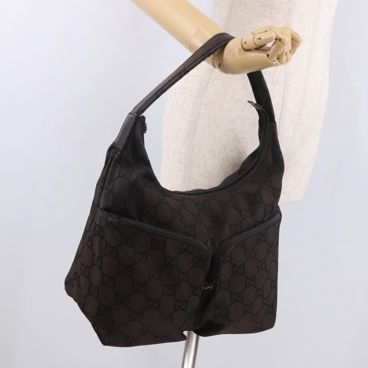 GUCCI GG Canvas Shoulder Bag Nylon Dark Brown Silver Auth 188409