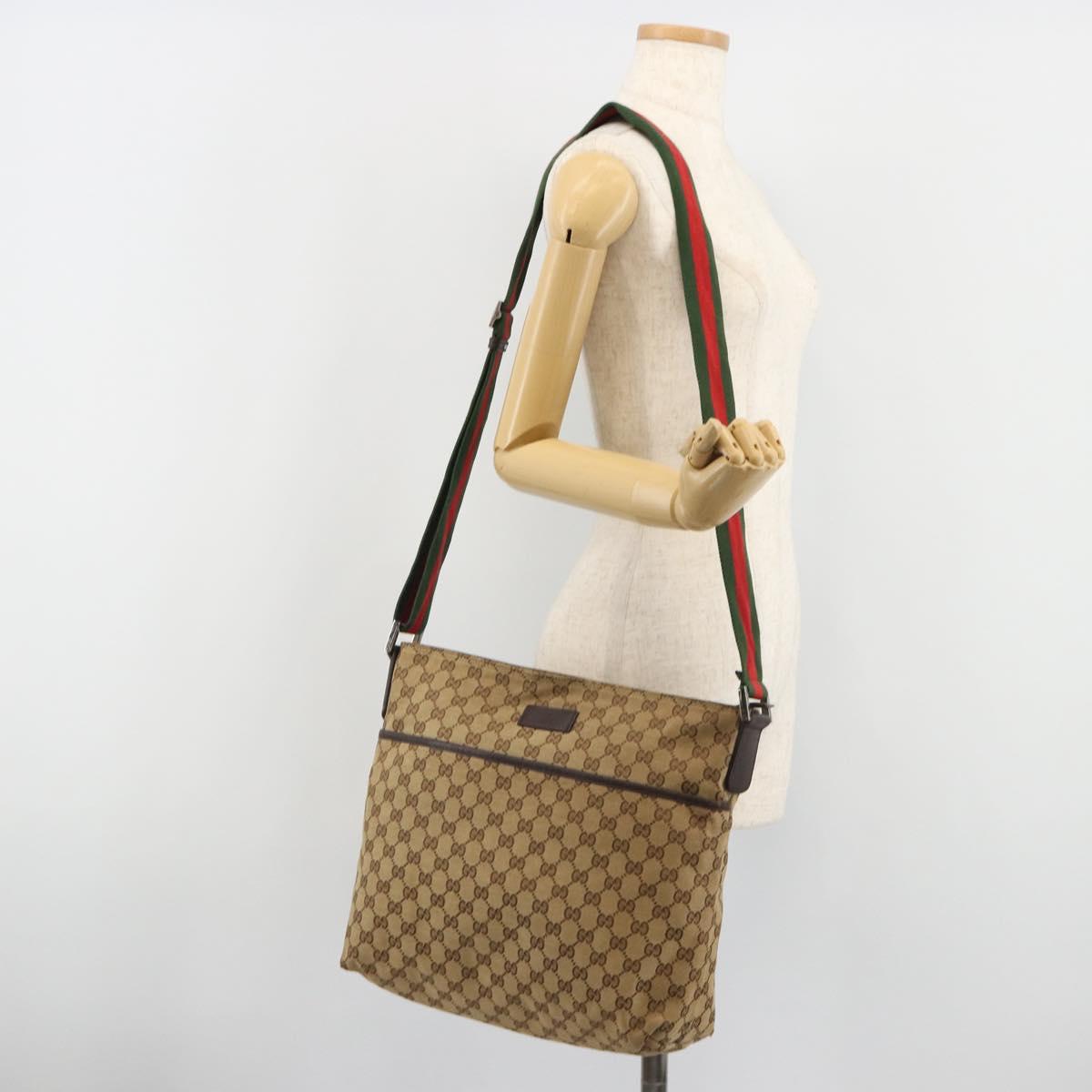GUCCI GG Canvas Web Sherry Line Shoulder Bag Beige Silver 189751 Auth 188415A