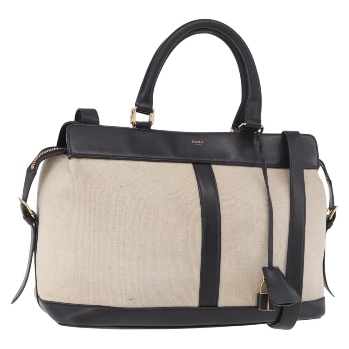 CELINE Cabas De France Hand Bag Canvas Leather 2way Beige Gold Auth 188436