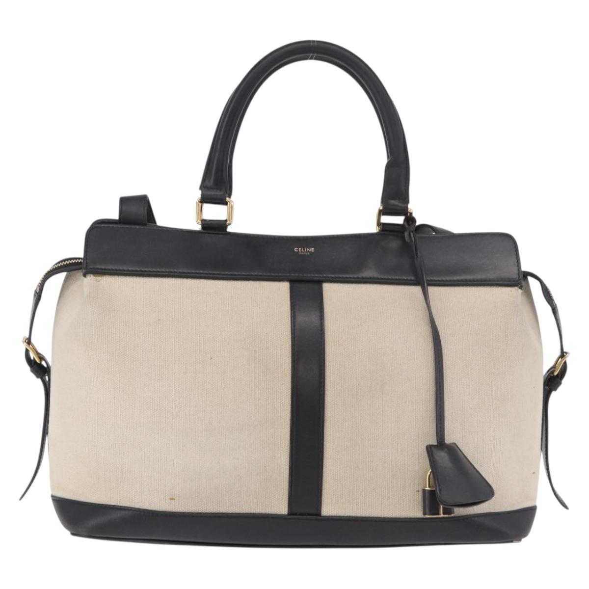 CELINE Cabas De France Hand Bag Canvas Leather 2way Beige Gold Auth 188436