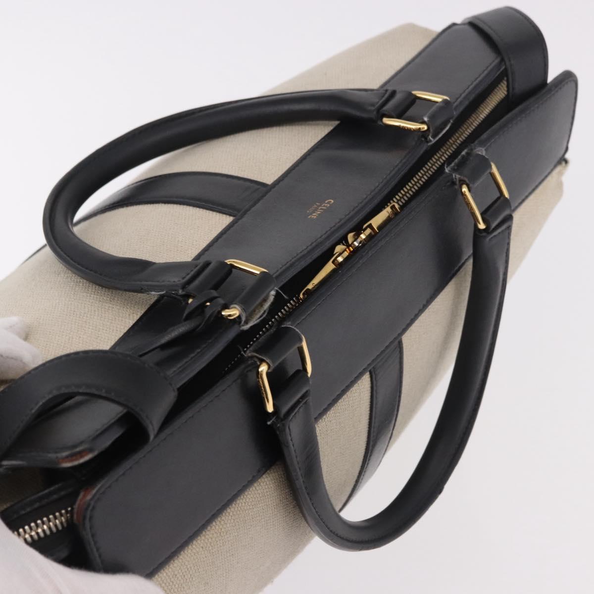 CELINE Cabas De France Hand Bag Canvas Leather 2way Beige Gold Auth 188436
