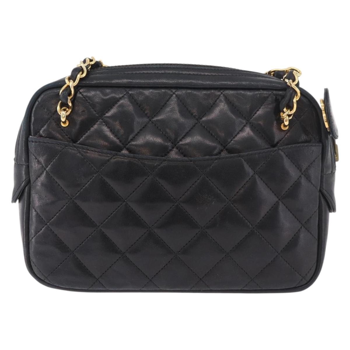 CHANEL Matelasse Chain Shoulder Bag Lamb Skin Black Gold CC Auth 188446