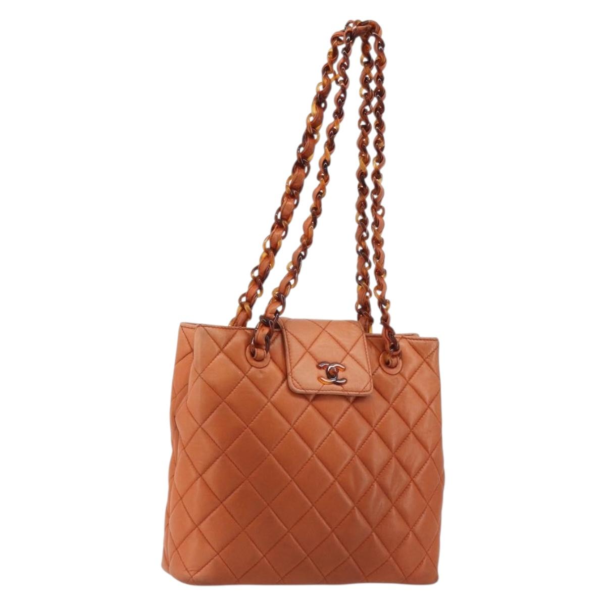 CHANEL Matelasse Chain Shoulder Bag Lamb Skin Orange CC Auth 188455A