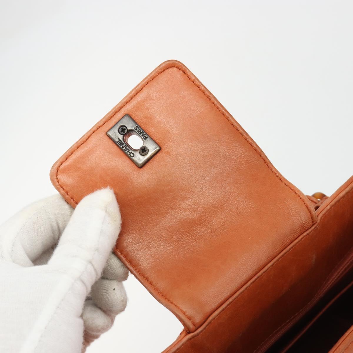 CHANEL Matelasse Chain Shoulder Bag Lamb Skin Orange CC Auth 188455A