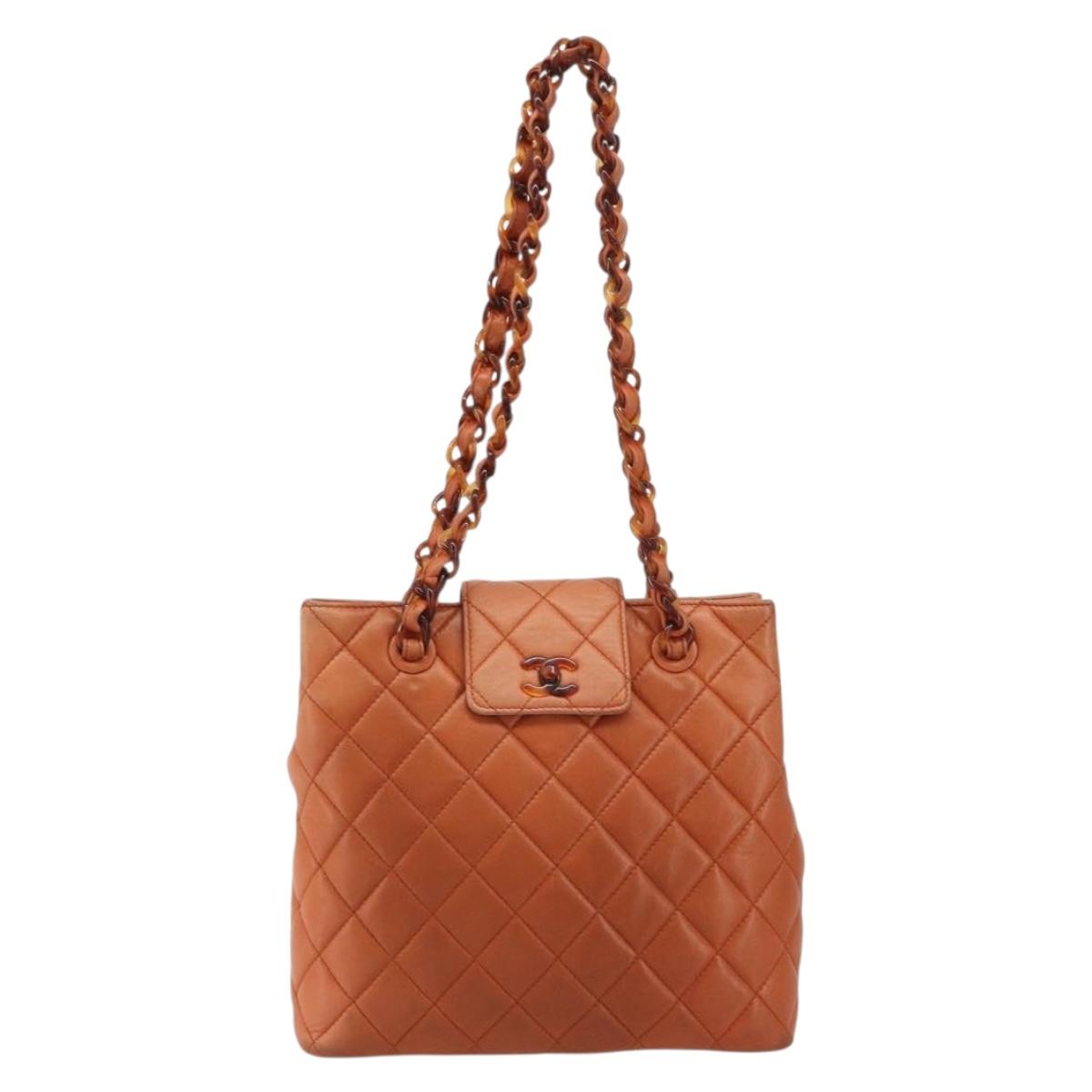 CHANEL Matelasse Chain Shoulder Bag Lamb Skin Orange CC Auth 188455A