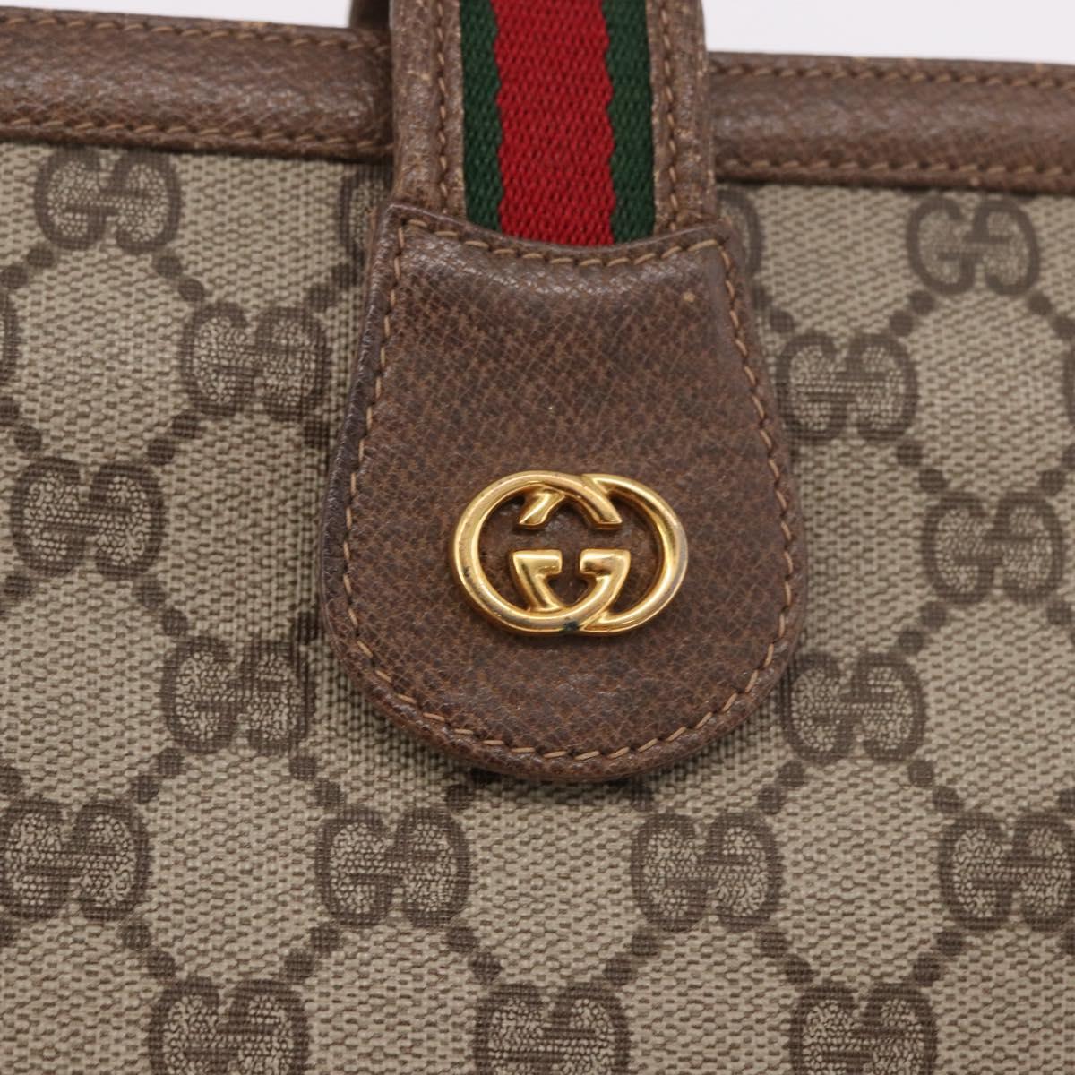 GUCCI GG Supreme Web Sherry Line Shoulder Bag PVC Beige Gold Auth 188457