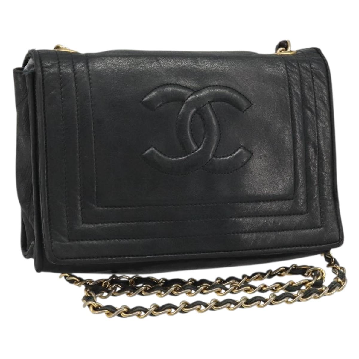 CHANEL Chain Shoulder Bag Lamb Skin Black Gold CC Auth 188459
