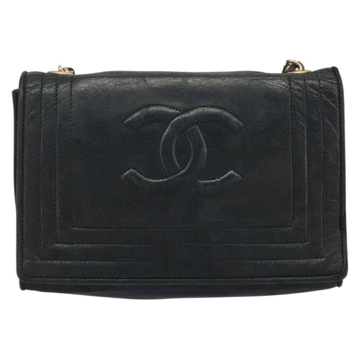 CHANEL Chain Shoulder Bag Lamb Skin Black Gold CC Auth 188459
