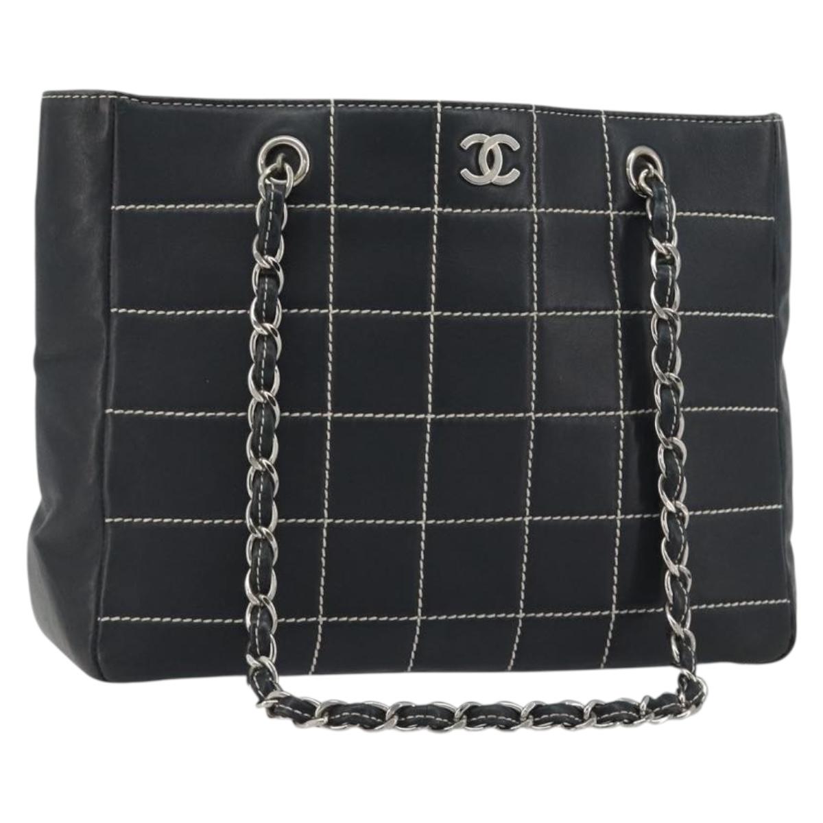 CHANEL Choco Bar Chain Tote Bag Lamb Skin Navy Silver CC Auth 188462SAV