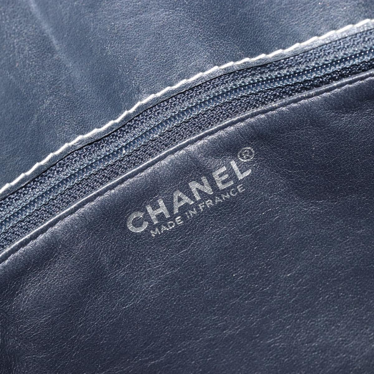 CHANEL Choco Bar Chain Tote Bag Lamb Skin Navy Silver CC Auth 188462SAV