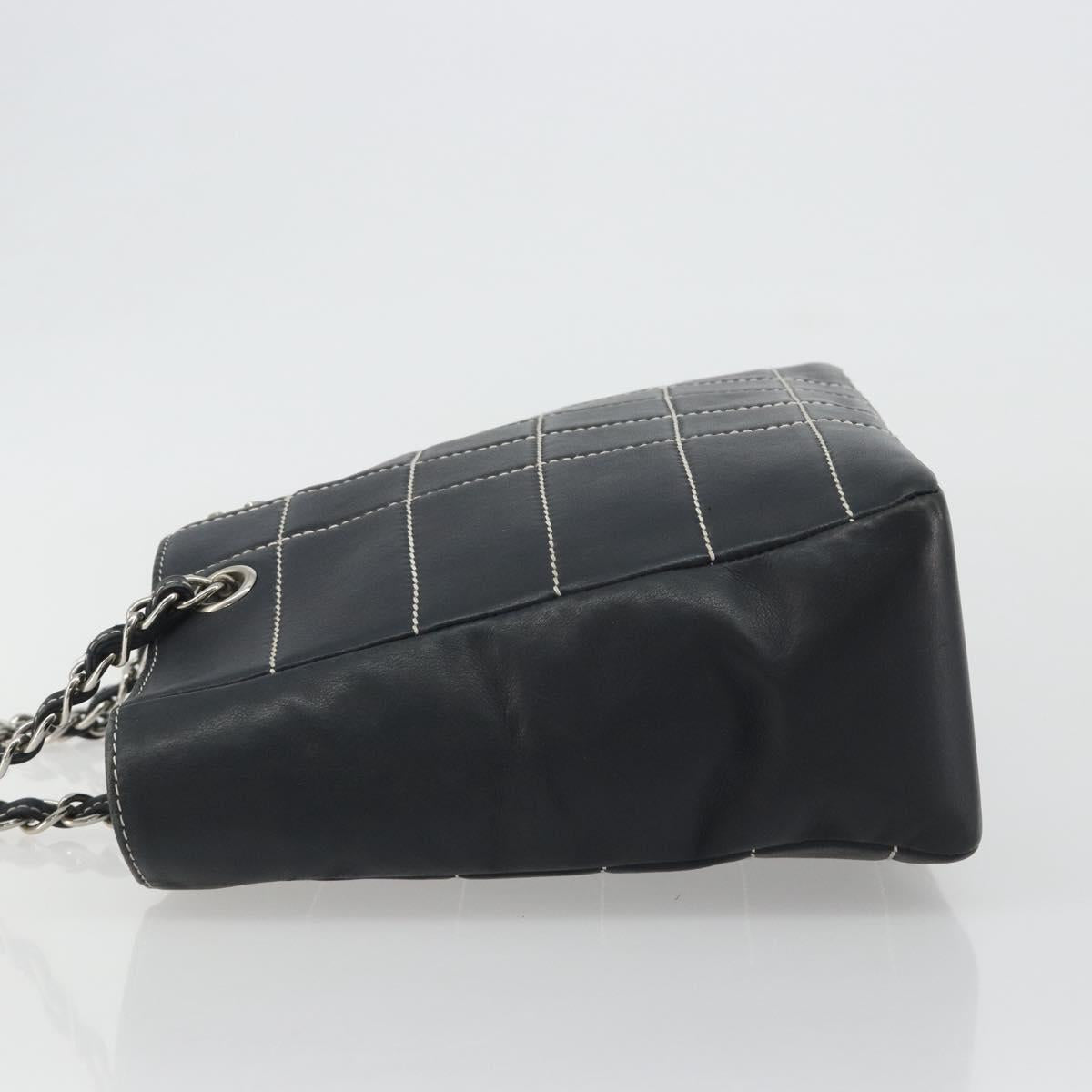 CHANEL Choco Bar Chain Tote Bag Lamb Skin Navy Silver CC Auth 188462SAV
