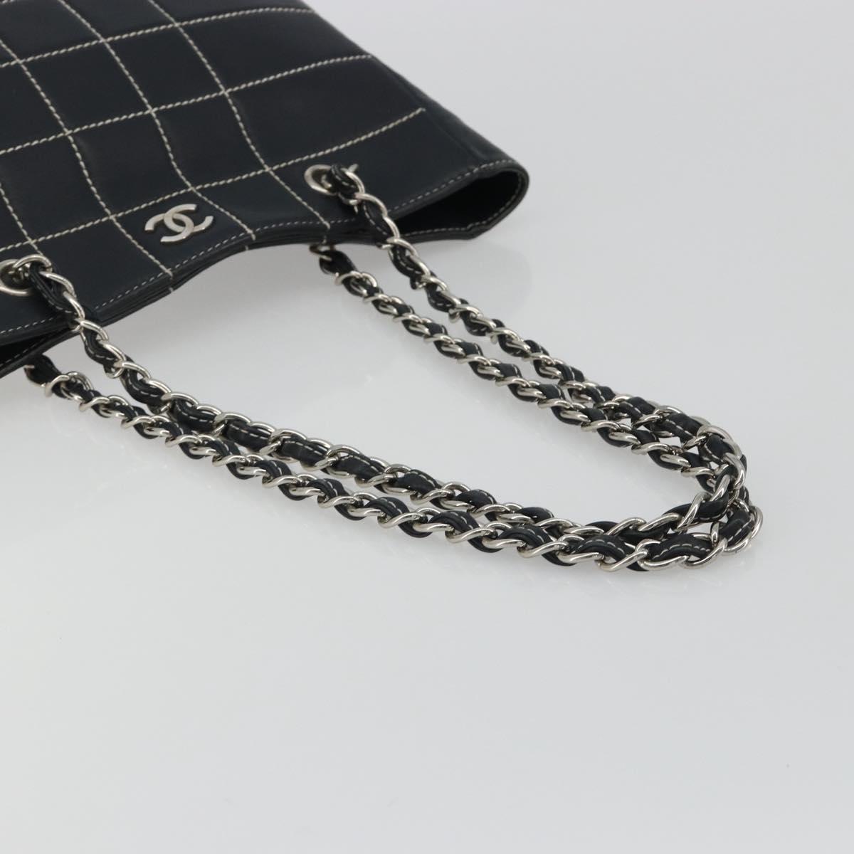 CHANEL Choco Bar Chain Tote Bag Lamb Skin Navy Silver CC Auth 188462SAV