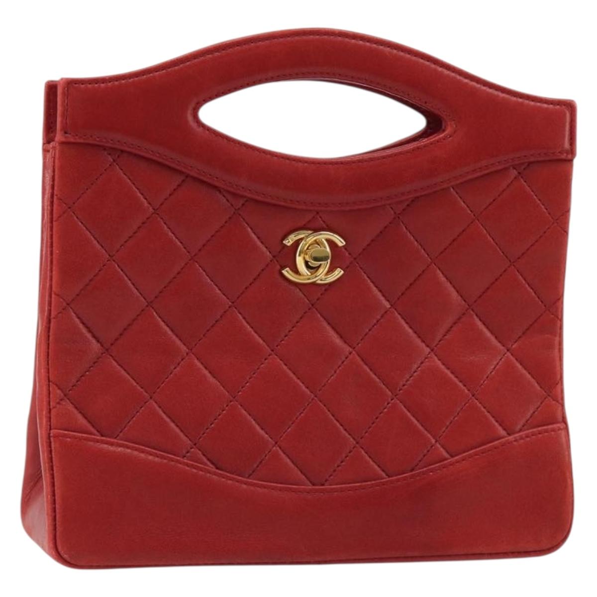CHANEL Matelasse Hand Bag Lamb Skin Red Gold CC Auth 188464