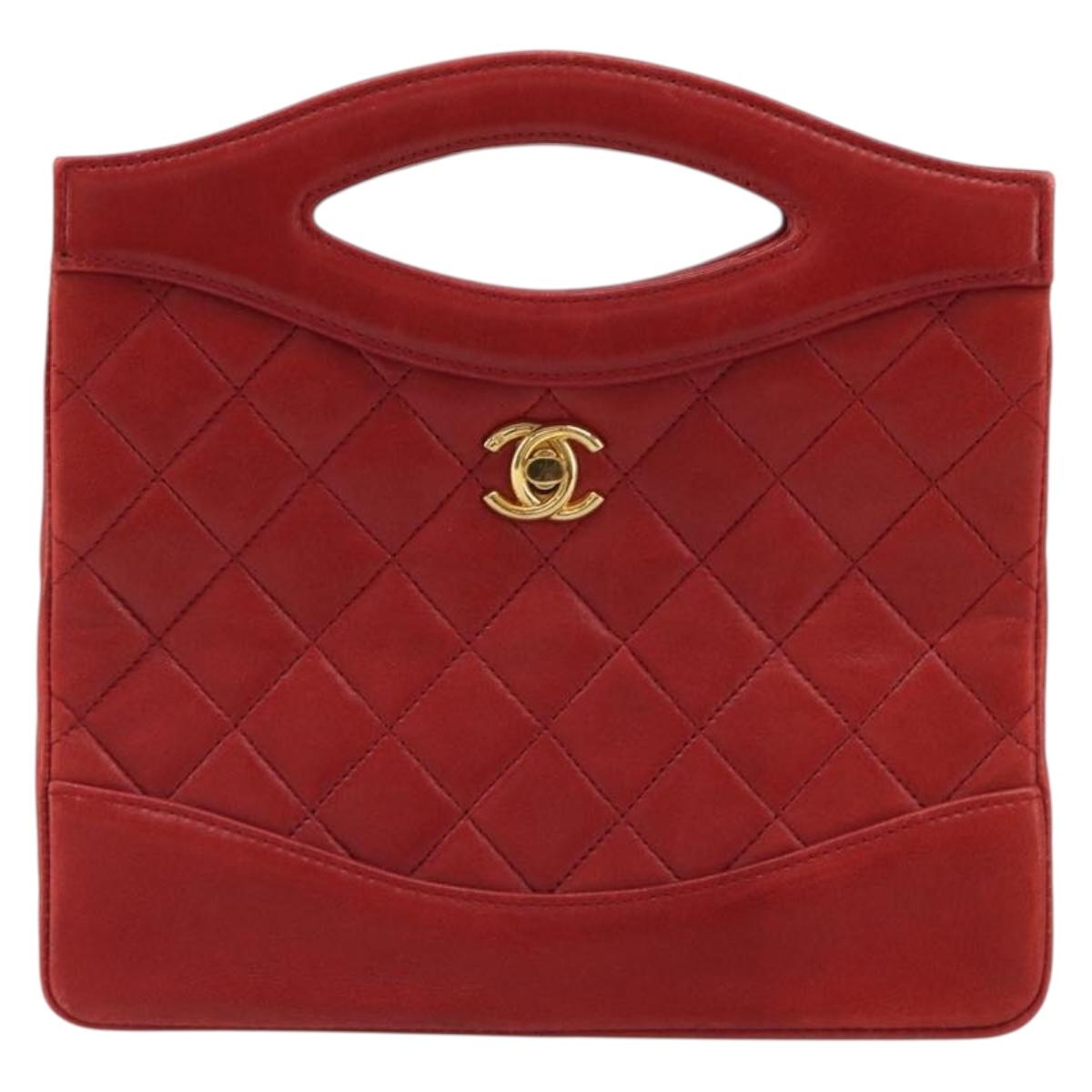 CHANEL Matelasse Hand Bag Lamb Skin Red Gold CC Auth 188464