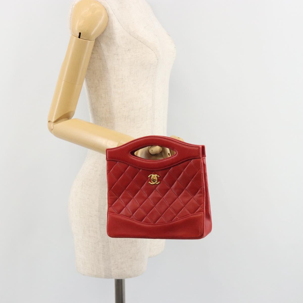 CHANEL Matelasse Hand Bag Lamb Skin Red Gold CC Auth 188464
