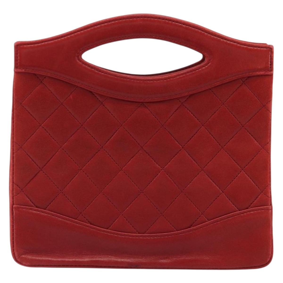 CHANEL Matelasse Hand Bag Lamb Skin Red Gold CC Auth 188464
