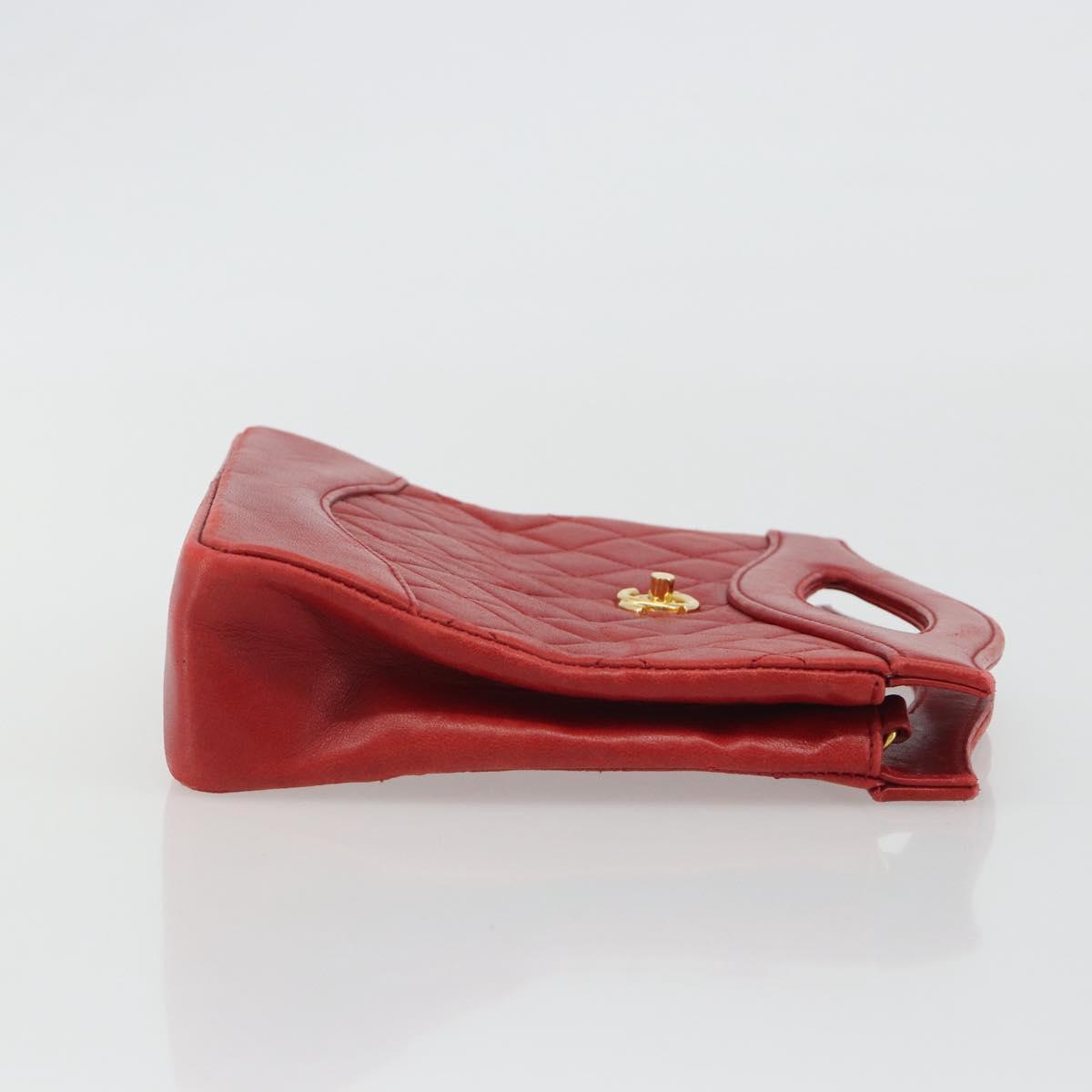CHANEL Matelasse Hand Bag Lamb Skin Red Gold CC Auth 188464