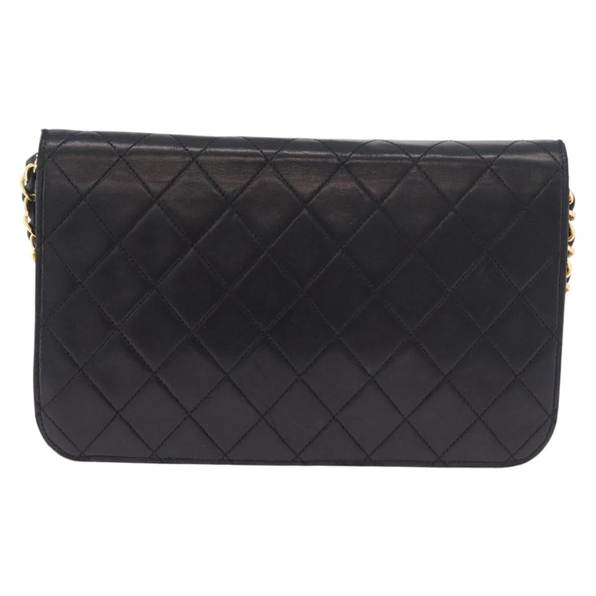 CHANEL Matelasse Single Flap Chain Bag Lamb Skin Black Gold CC Auth 188478
