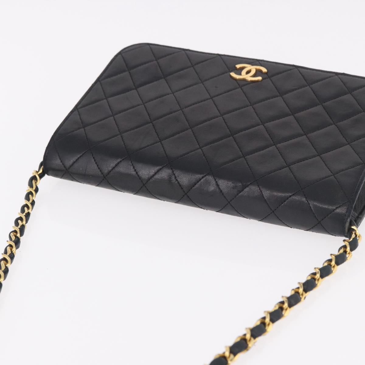 CHANEL Matelasse Single Flap Chain Bag Lamb Skin Black Gold CC Auth 188478