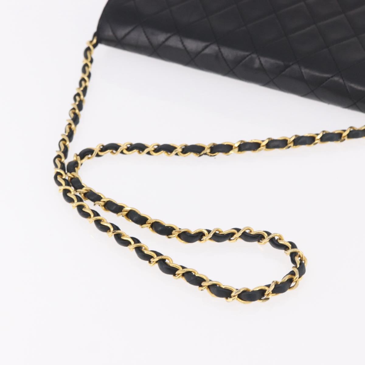 CHANEL Matelasse Single Flap Chain Bag Lamb Skin Black Gold CC Auth 188478