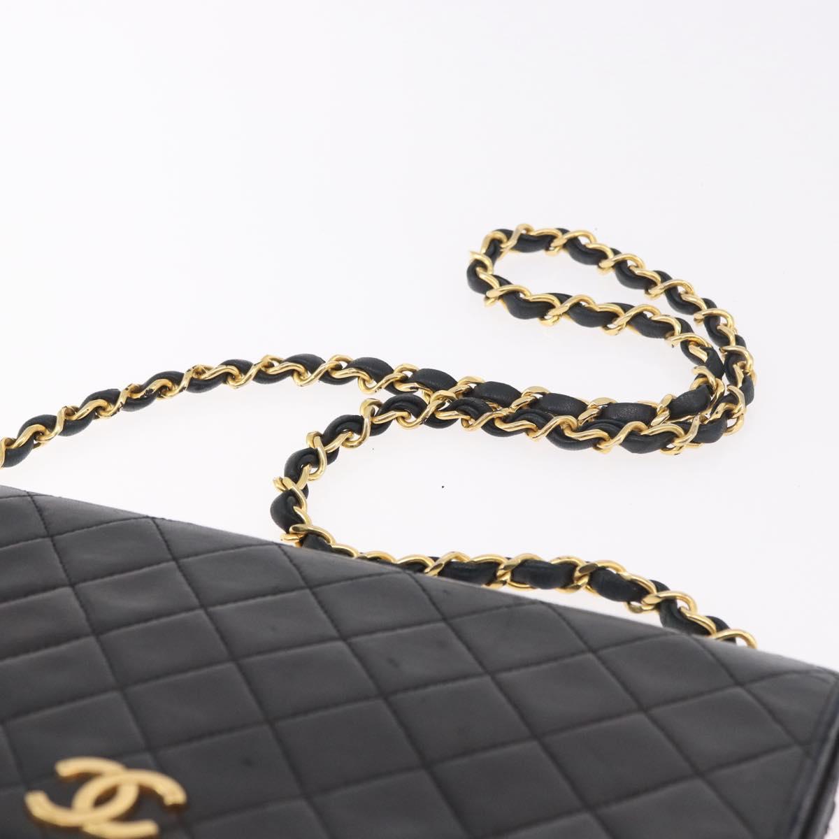 CHANEL Matelasse Single Flap Chain Bag Lamb Skin Black Gold CC Auth 188478