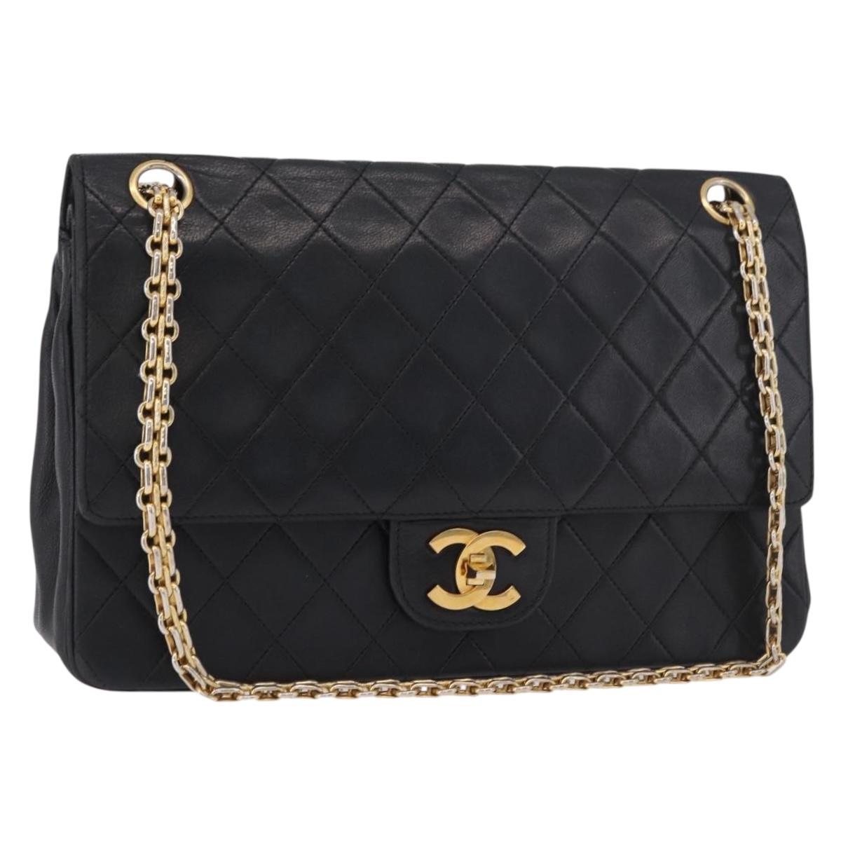 CHANEL Matelasse 25 Double Flap Chain Bag Lamb Skin Black Gold CC Auth 188495A