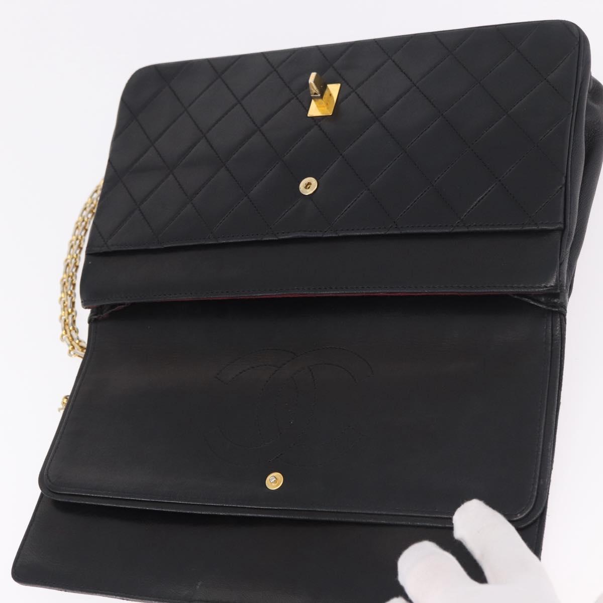 CHANEL Matelasse 25 Double Flap Chain Bag Lamb Skin Black Gold CC Auth 188495A