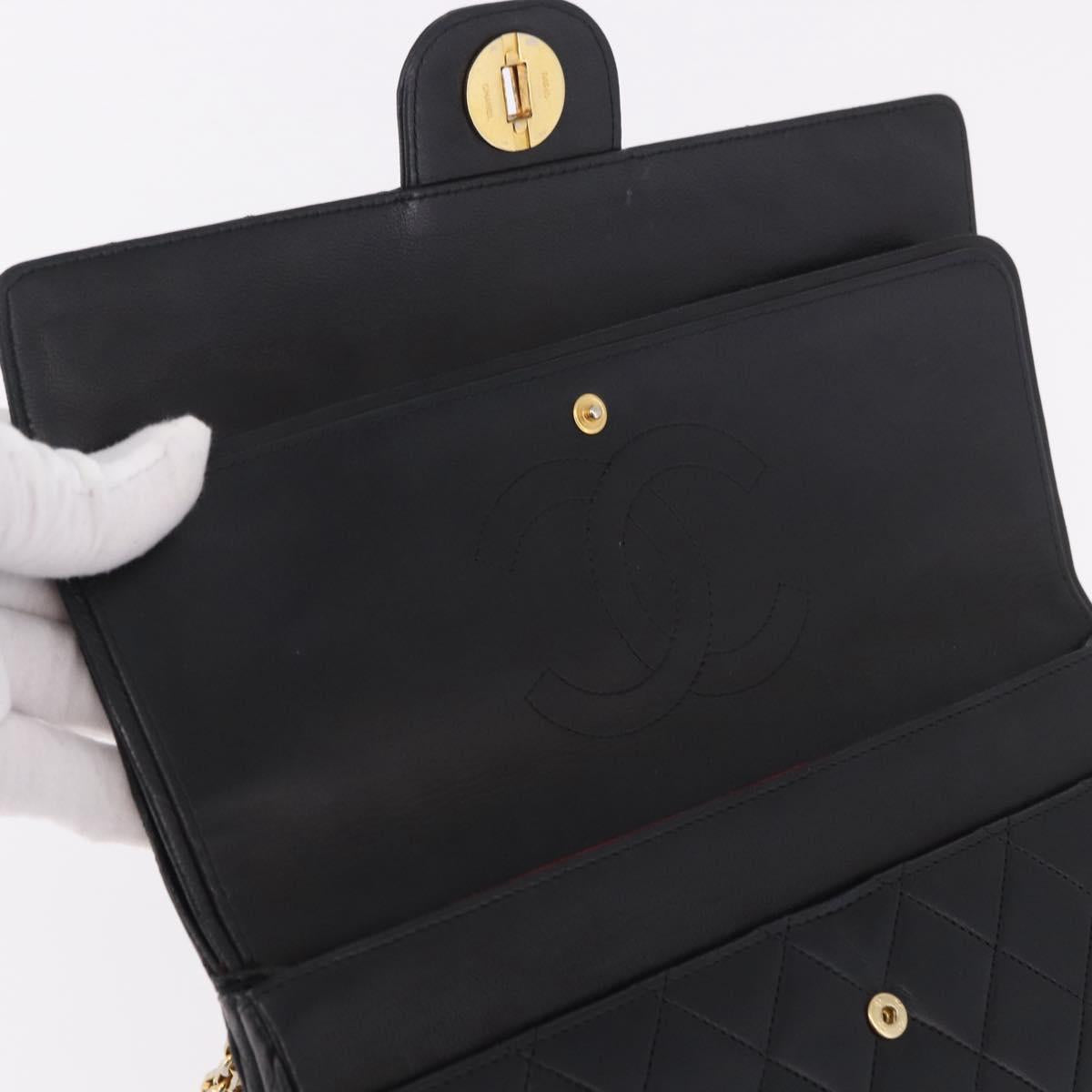 CHANEL Matelasse 25 Double Flap Chain Bag Lamb Skin Black Gold CC Auth 188495A