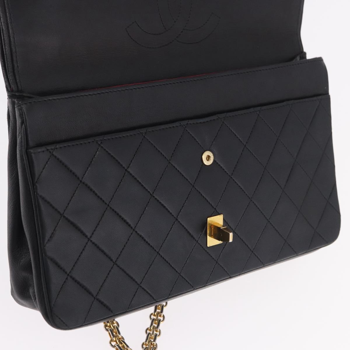 CHANEL Matelasse 25 Double Flap Chain Bag Lamb Skin Black Gold CC Auth 188495A