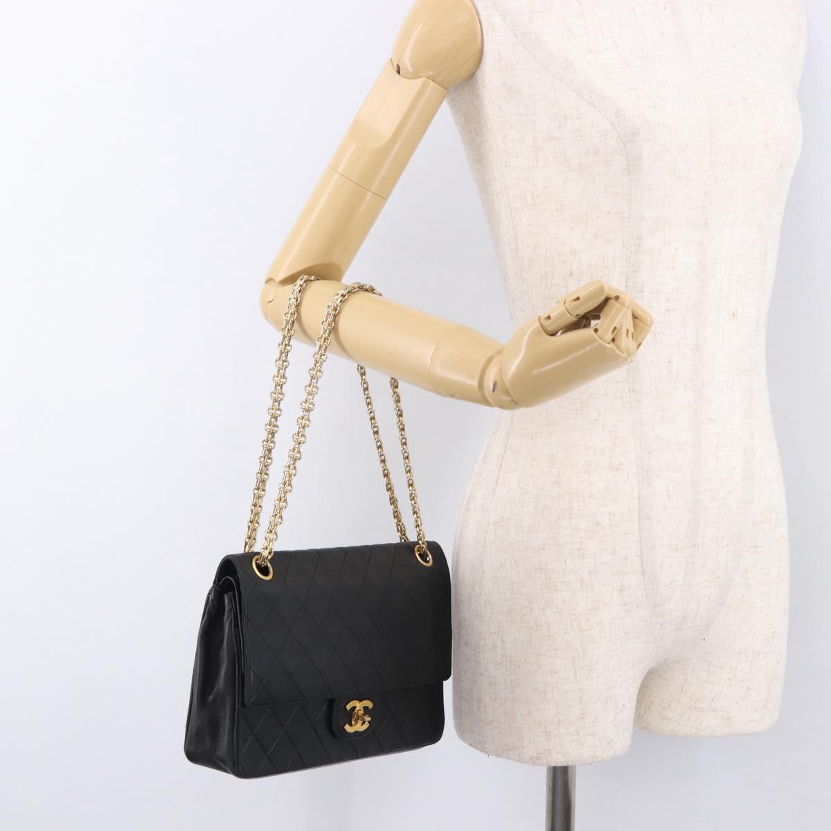 CHANEL Matelasse 25 Double Flap Chain Bag Lamb Skin Black Gold CC Auth 188495A
