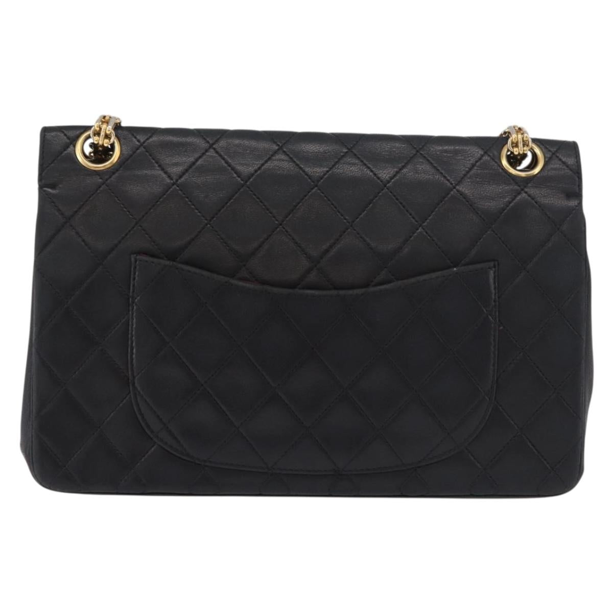 CHANEL Matelasse 25 Double Flap Chain Bag Lamb Skin Black Gold CC Auth 188495A