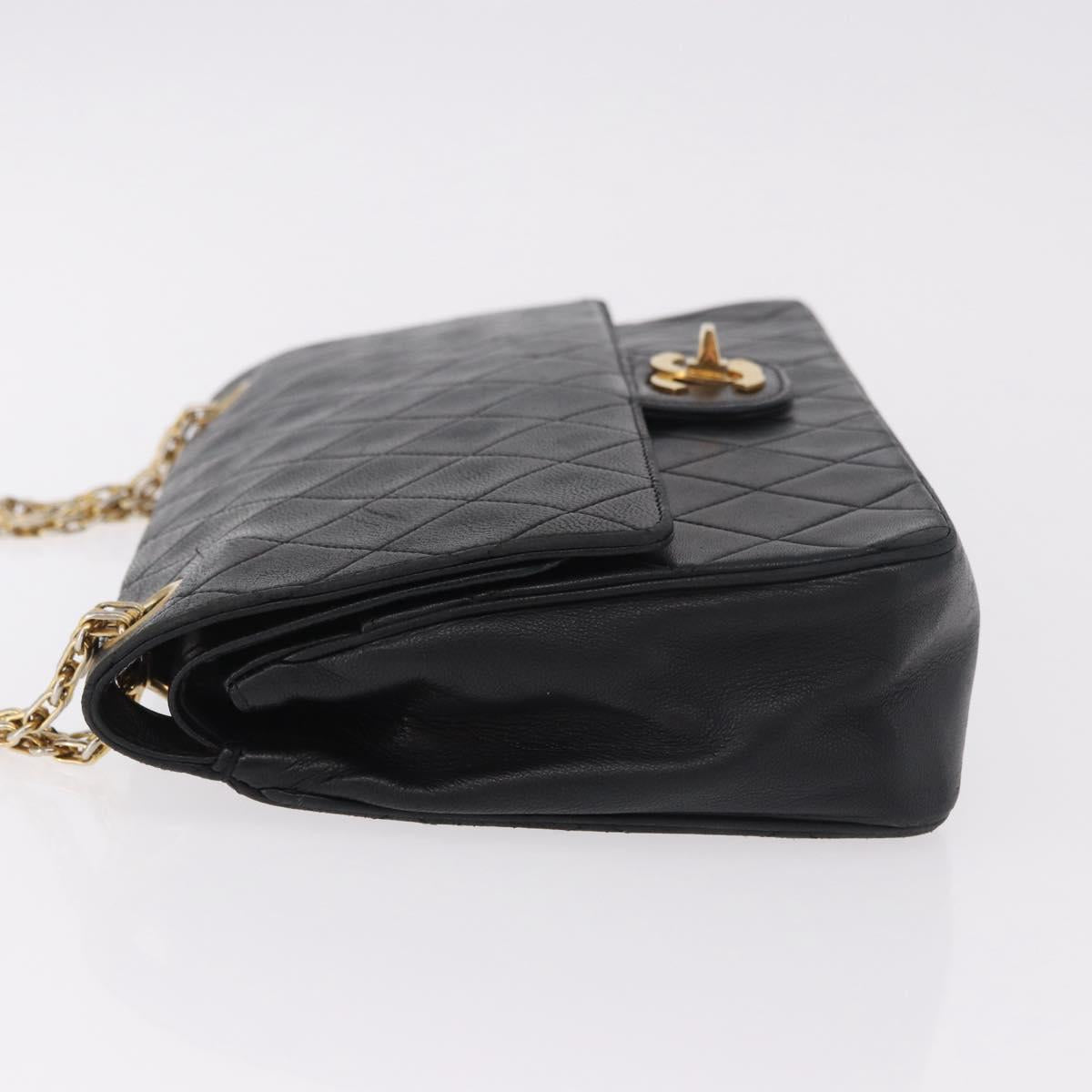 CHANEL Matelasse 25 Double Flap Chain Bag Lamb Skin Black Gold CC Auth 188495A