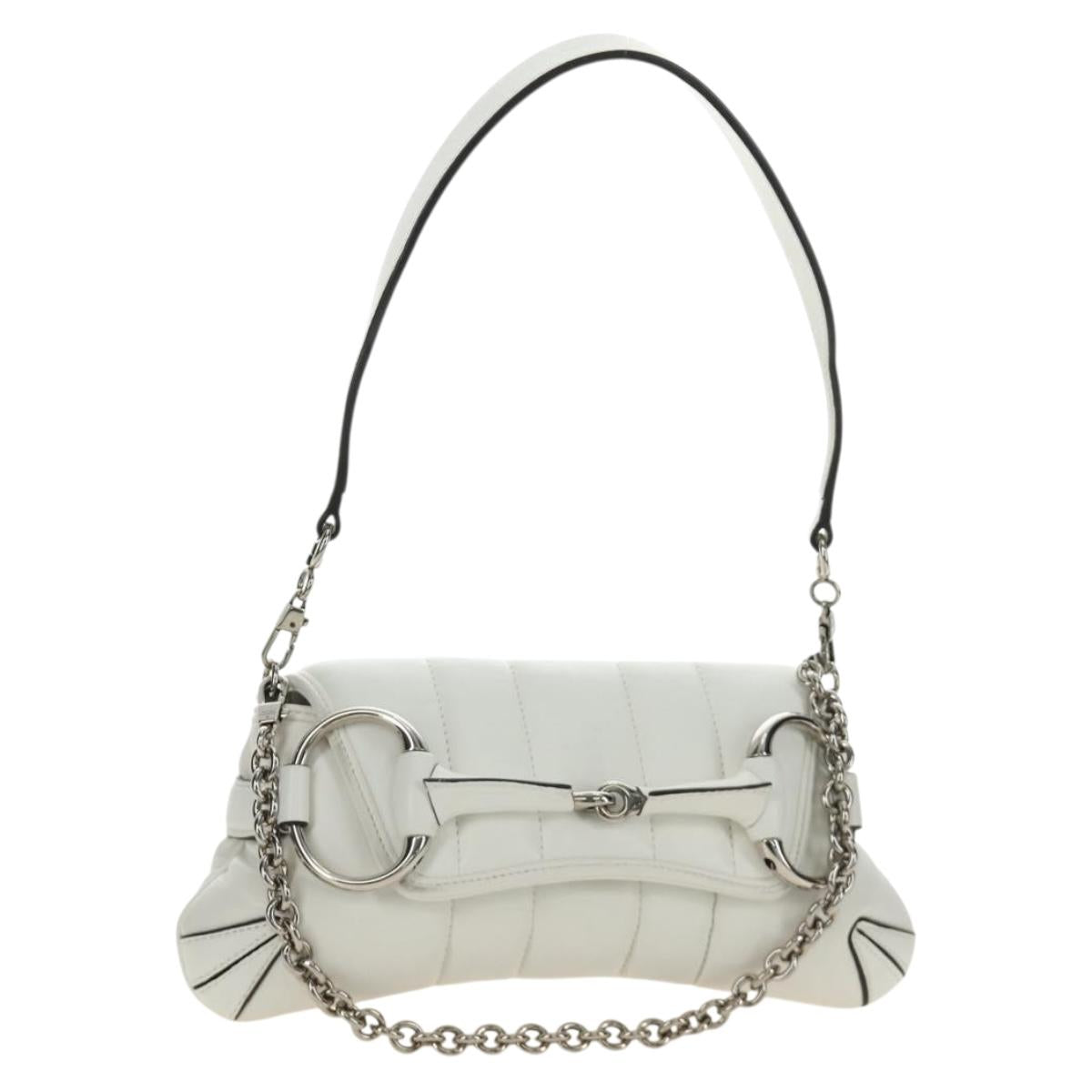 GUCCI Horsebit Shoulder Bag Leather White Silver Auth 188497SAM