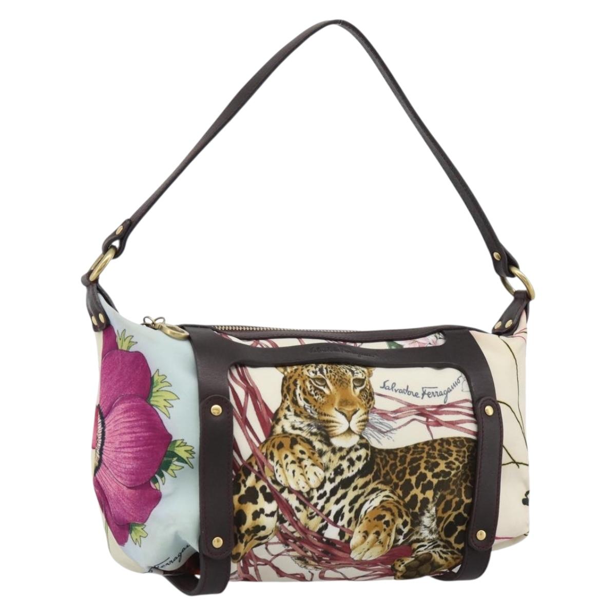 Salvatore Ferragamo Animal Pattern Hand Bag Nylon Beige Gold Auth 188499