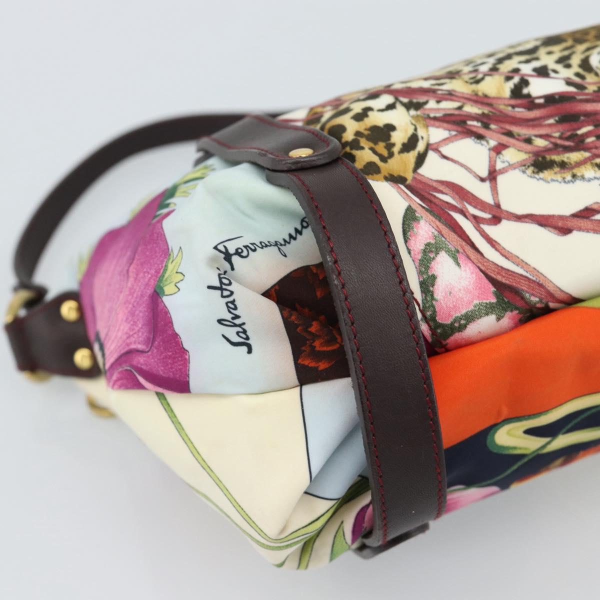 Salvatore Ferragamo Animal Pattern Hand Bag Nylon Beige Gold Auth 188499