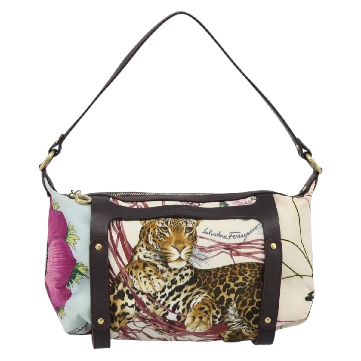 Salvatore Ferragamo Animal Pattern Hand Bag Nylon Beige Gold Auth 188499
