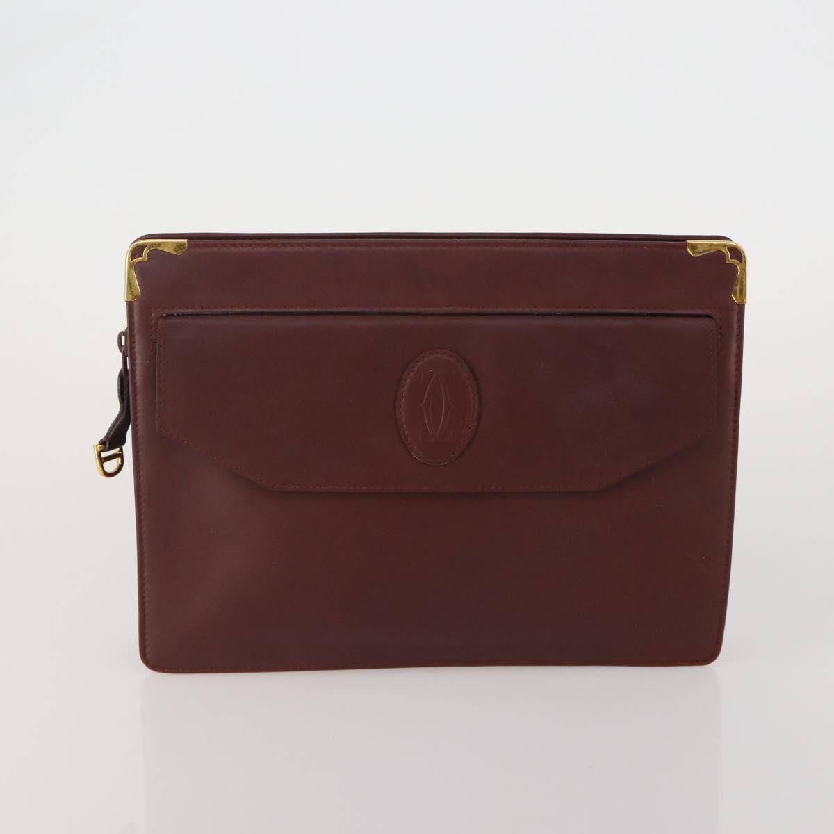 CARTIER Clutch Bag Leather 5 Set Bordeaux Gold Auth 188529