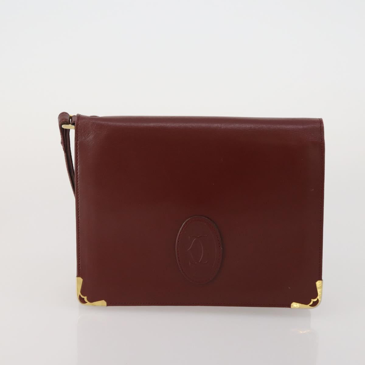 CARTIER Clutch Bag Leather 5 Set Bordeaux Gold Auth 188529
