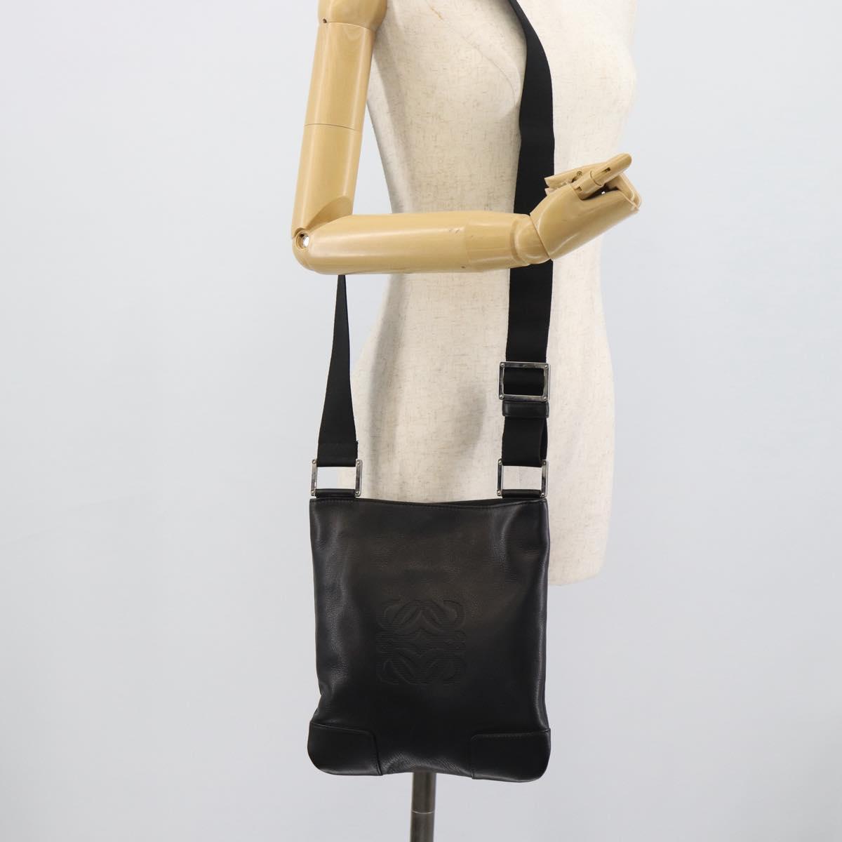LOEWE Anagram Shoulder Bag Leather Black Silver Auth 188544A