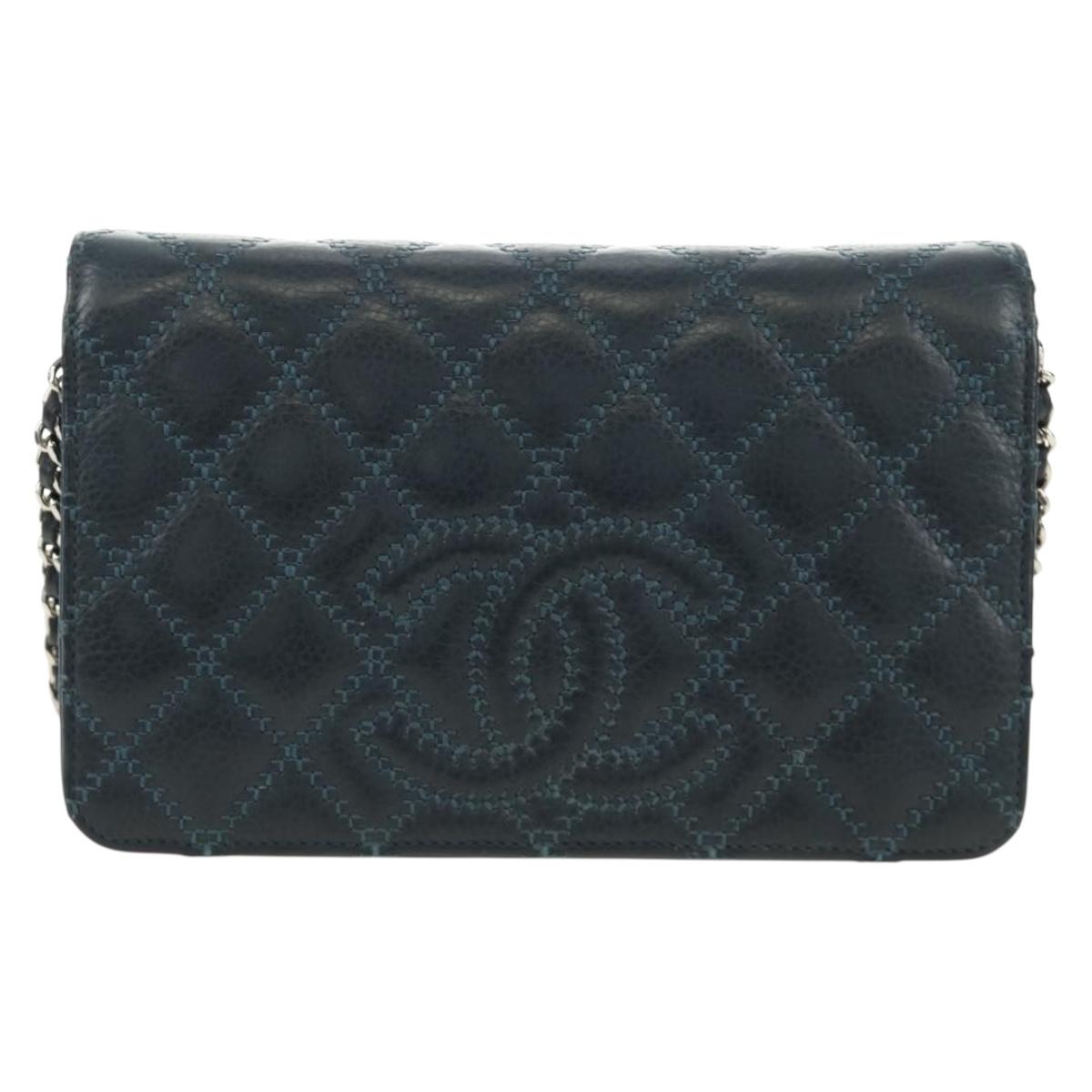 CHANEL Matelasse Chain Wallet Bag Caviar Skin Navy Silver CC Auth 188550SAV