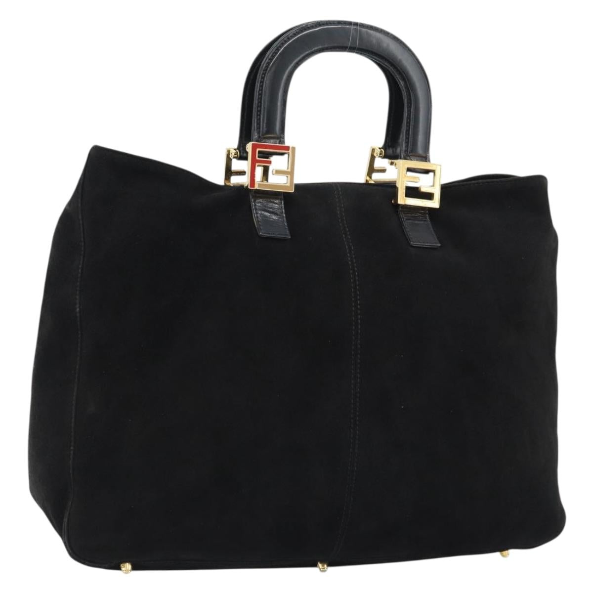 FENDI Hand Bag Suede Black Gold Auth 188554A